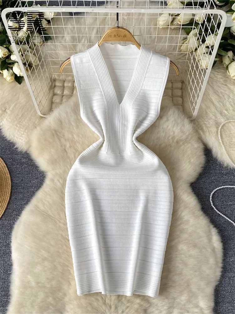 

Bodycon Basic Knitting Dress Women Sleeveless V Neck Tank Ladies Elastic Waist Temperament Solid Streetwear Dress