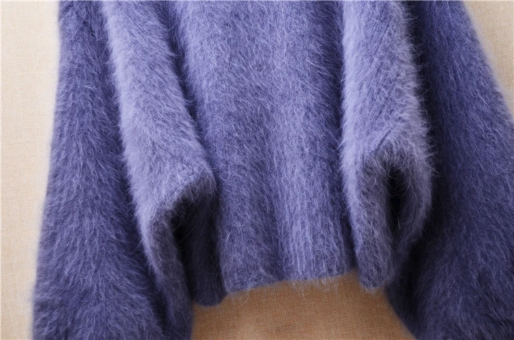 Women Mujer Autumn Winter Clothing Hairy Angora Rabbit Hair Knitted O-Neck Long Lantern Sleeves Striped Loose Pullover Sweater