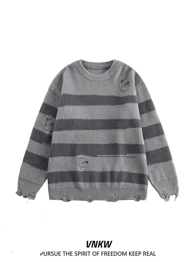 

Модный уличный повседневный вязаный свитер унисекс с дырками, в полоску, свободного кроя, осенне-зимний, Cleanfit, для пар...