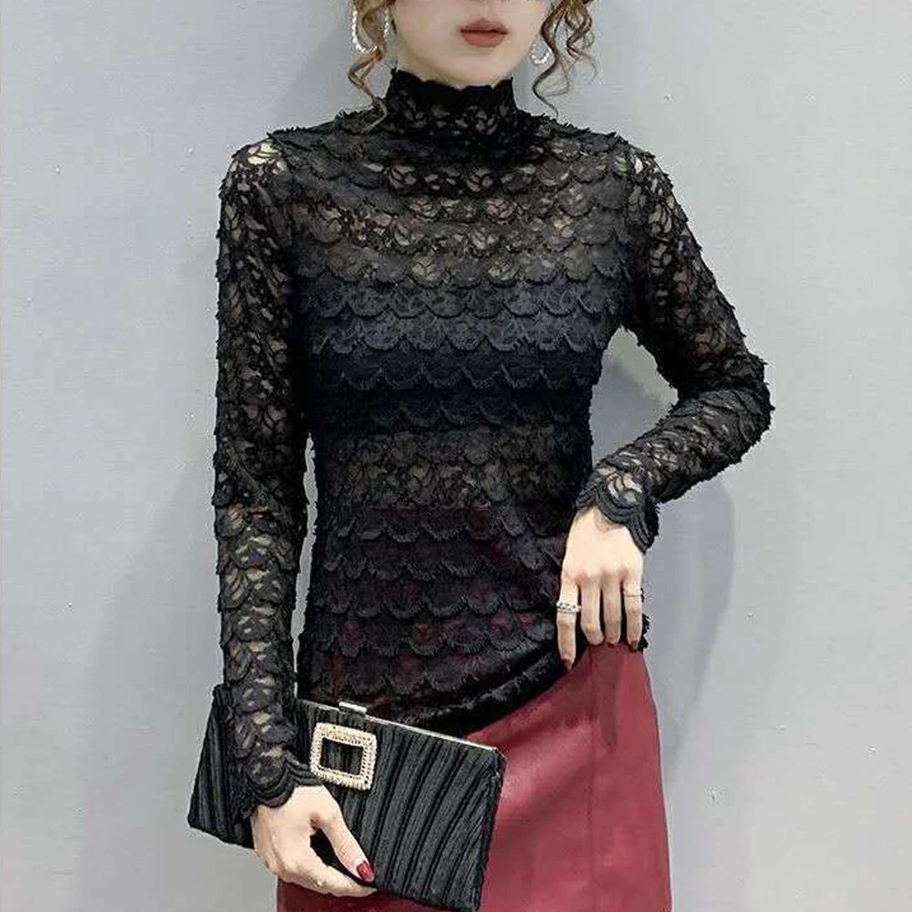 

Blouse Women Autumn Lace Shirt Stretch Turtleneck Bell Sleeve Women Blusas Mujer De Moda S-2XL Size Tops Fashion Ladies Blouses