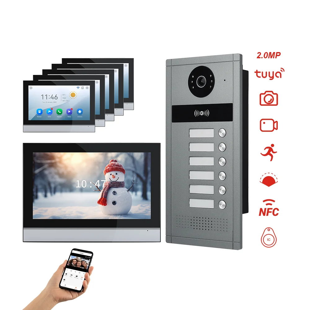 6 Units Apartment Video Intercom System WIFI Tuya 10 inch Big Screen 1080P AHD Doorbell RFID Unlock Building Video Door Phone