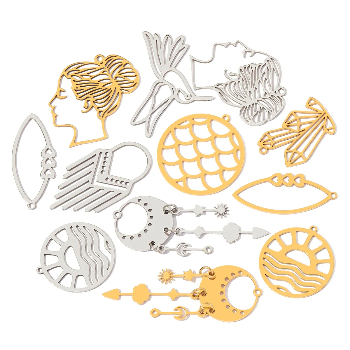 10pcs/Lot Stainless Steel Triple Crescent Vertical Fringe DIY Charms Yoga Wing Necklace Pendants Woman Lotus Jewelry Wholesale