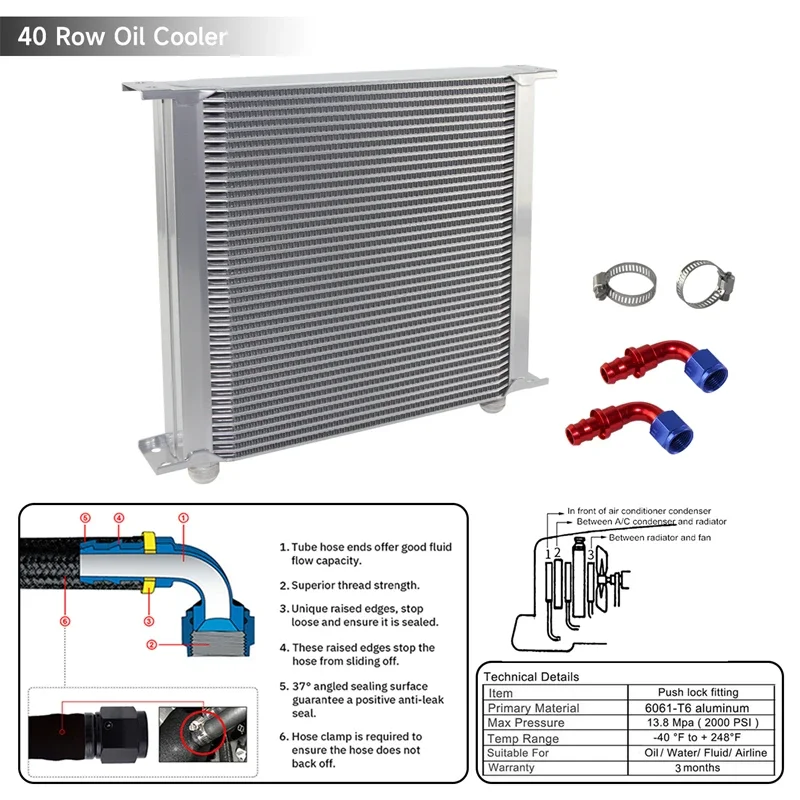 

40 Row Oil CoolerUniversal AN10 Engine 248MM 7/8-14 UNF w/2PCS 90° Fittings