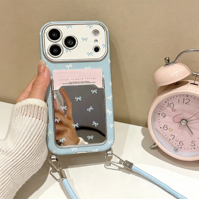 Cute Bow Mirror Card Holder Phone Case For IPhone17 16 15 14 13 Pro Max, Blue Ribbon Wallet Card Slot Case With Wrist Strap, view 2