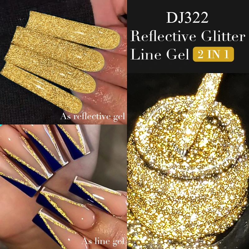 MEET ACROSS Gold Reflective Glitter Liner Gel Nail Polish Purple Rose Gold Sparkly Line Graffiti Painting Stripe Gel DIY Nails
