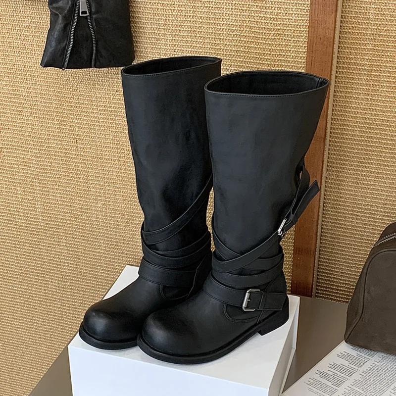 Eilyken New Design Belt Buckle Splicing Color Women Knee-High Boots Fashion Round Toe Square Low Heels Banquet Shoes image 2