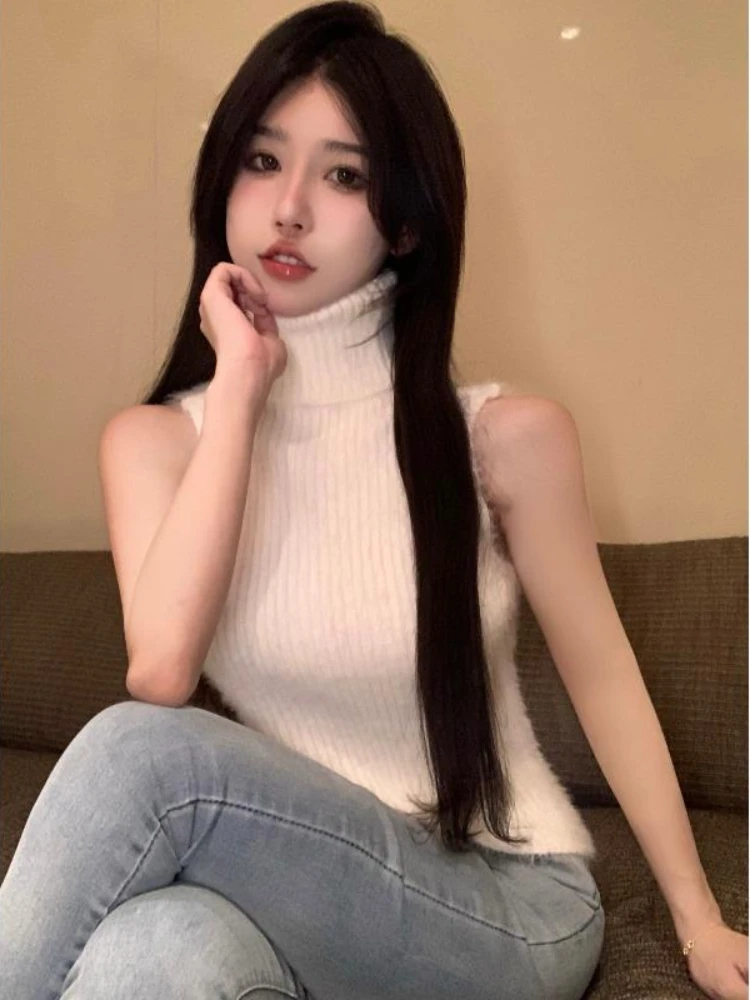 Fluffy Turtleneck Tanks Women Autumn Winter Sexy Knitted Crop Tops Fashion Hot Girls Holiday Streetwear Basic Sleeveless Clothes