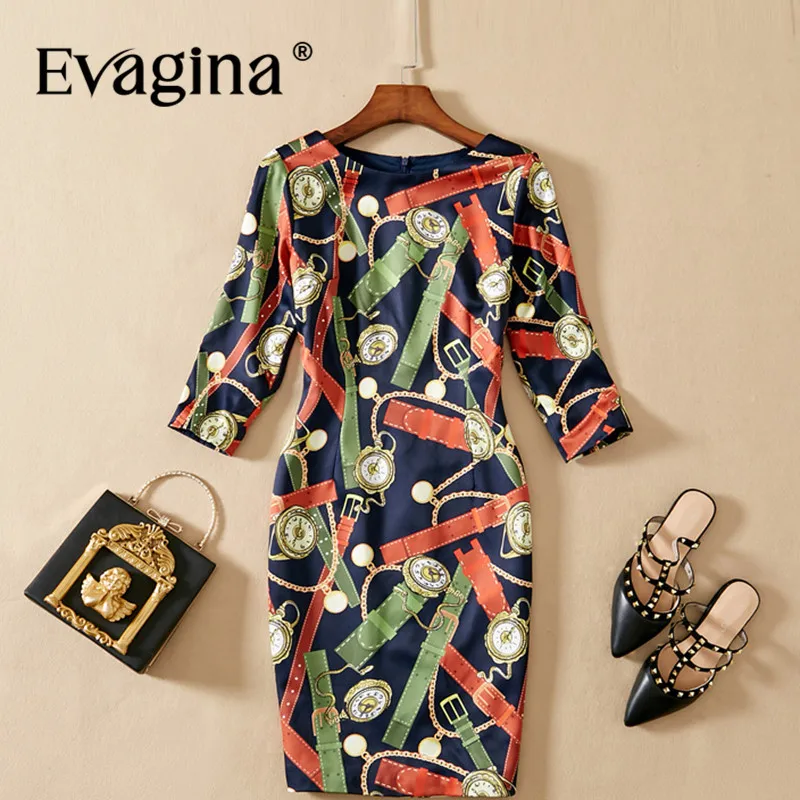 Evagina New Fashion Runway Designer Dress Women's Three Quarter Sleeve Striped Pringt S-XXL Pretty Slim Mini Dresses