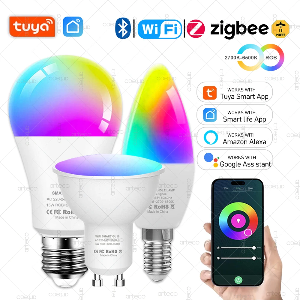 

Светодиодная лампа Tuya ZigBee WiFi Bluetooth E27 E14 GU10 Smart Life App Control RGBCW с регулируемой яркостью Умные лампочки работает с Alexa