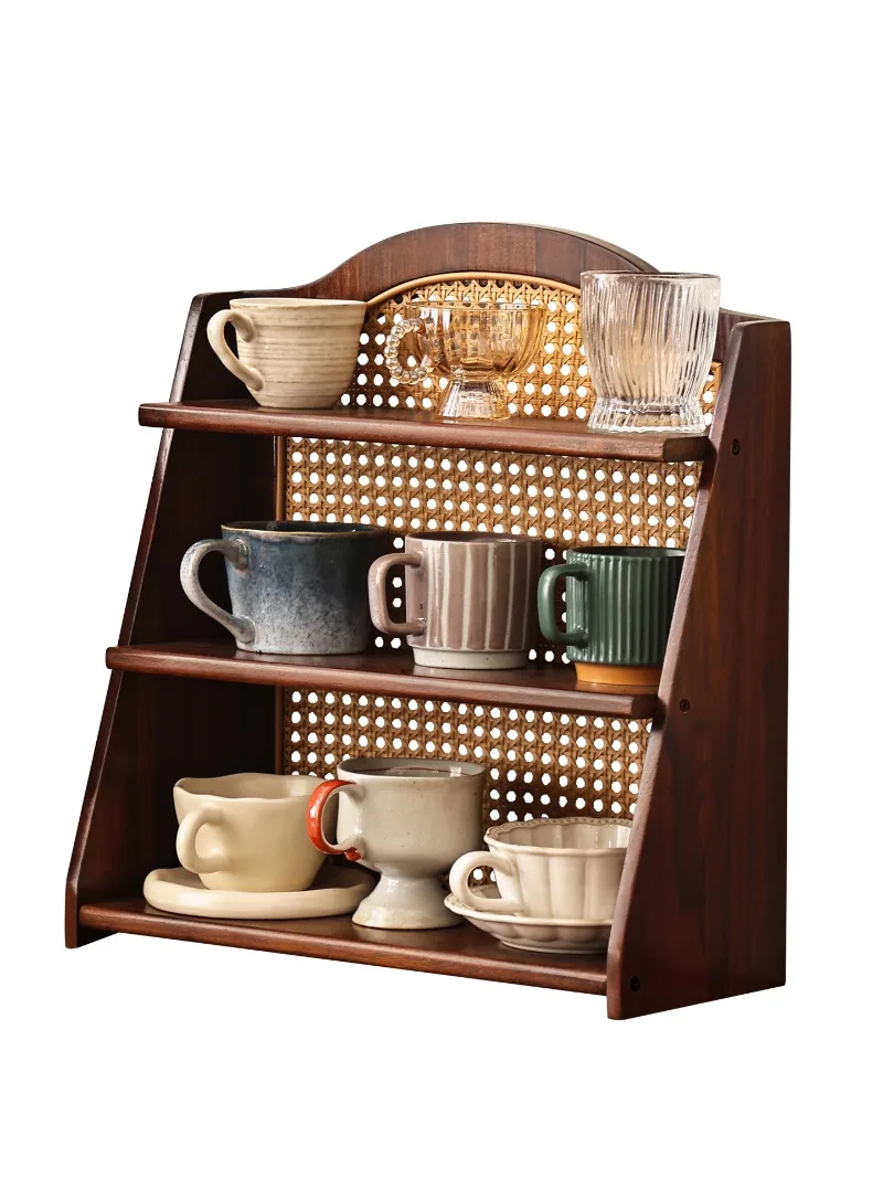Light Luxury Premium Solid Wood Rattan Cup Rack Tabletop Living Room Coffee Corner Water Mug Decor Storage Display Organizer