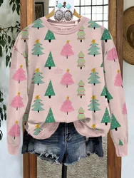 Christmas Tree Print Crew Neck Sweatshirt Merry Christmas Hoodies Women Merry Sweatshirts Xmas Holiday Party Pullover Blouse