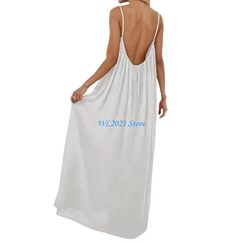 G5GC Damska długa sukienka w stylu spaghetti, bez pleców, luźno dopasowana