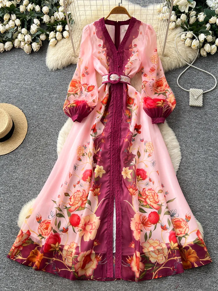 Retro Court Style V Neck Lantern Sleeve Floral Print Dress Women Early Spring Korean Style Waist Cinch Slimming Long Dress Woman