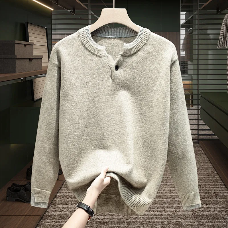 

Мужской утепленный плотный вязаный свитер с воротником Хенли, полуоткрытый кардиган, теплый, уютный, с цветовыми блоками, базовый слой, трикотаж