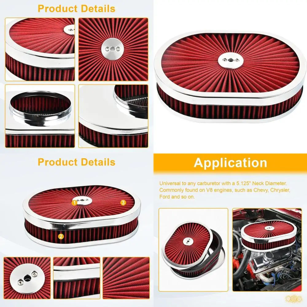 

12x2 Oval Low Profile Air Filter Assembly with 5-1/8 Carb, Washable, Reusable, V8 Air Cleaner, Compatible with Ford Chrysler Veh