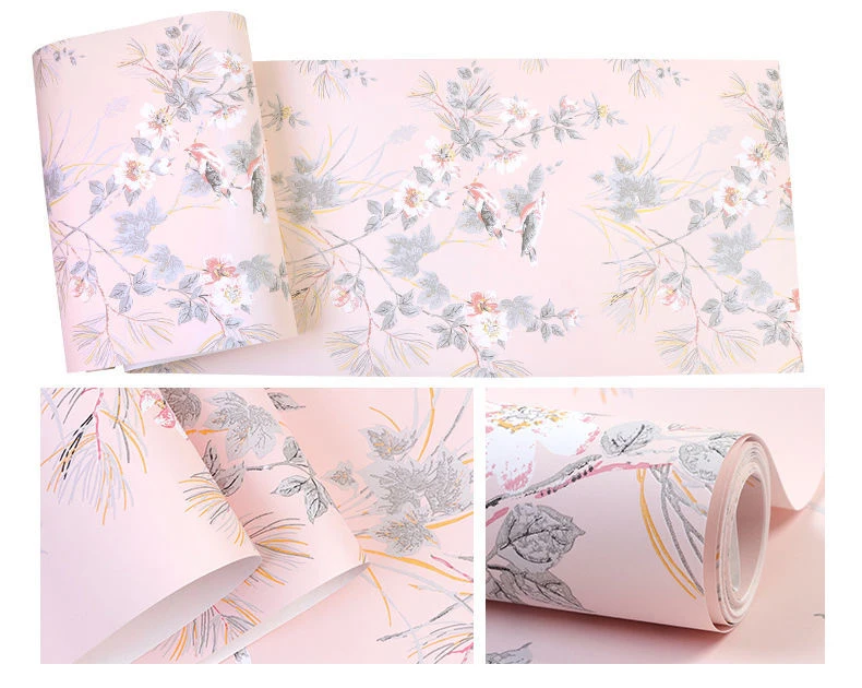 Chinese Rustic Birds Flowers Wall Papers Home Decor Pink Pastrol Wallpaper Roll for Living Room Walls Papel Mural murales