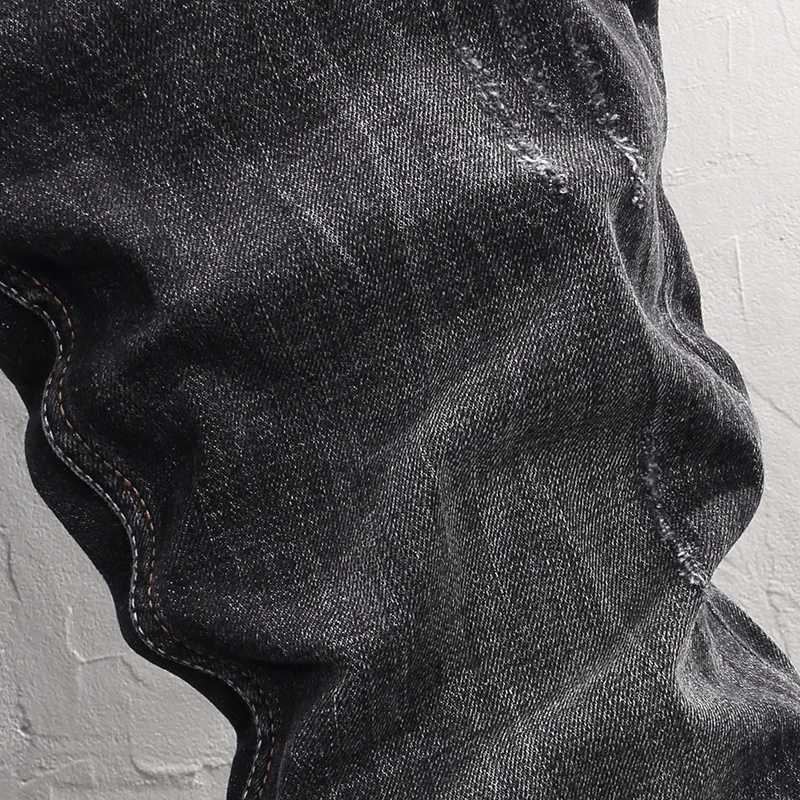 Fashionable Street Men's Black Grey Jeans Vintage Elastic Slim Fit Split Jeans with Large Pockets Designer Hip Hop Brand Pants