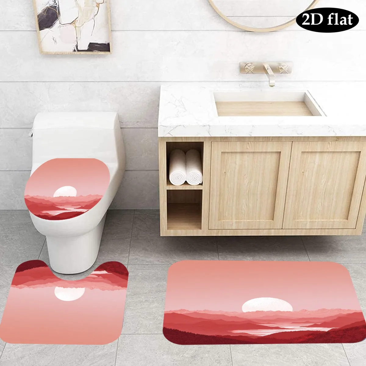 

Red Pink Sunset Landscape 3PCS Bathroom Set Non Slip Toilet Lid Cover Floor Mat U Shaped Rug Home Decor