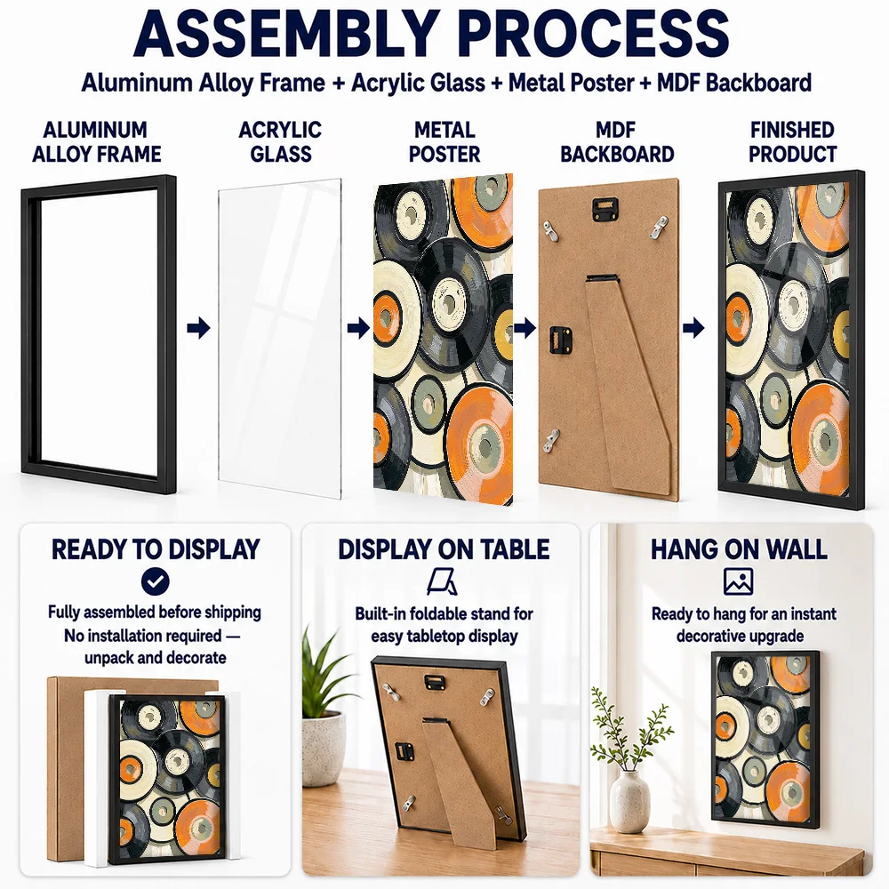 Vinyl Records Abstract Metal Poster With Aluminum Alloy Frame Personalized Photo Refined Shape Style Wall Art For Gallery Hall
