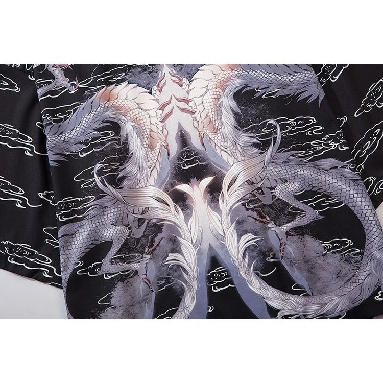 التنين الصيني موضة Harajuku اليابان كيمونو الخارجي للنساء والرجال الصيف أبيض أسود فضفاض كيمونو ملابس خارجية ملابس الشاطئ