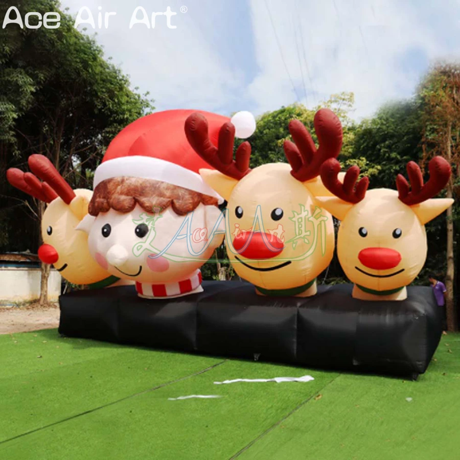 Spectacular Inflatable Christmas Elk and Cartoon Head Base with Red Hat and LED Lights for Festival/Holiday Decoration or Stage