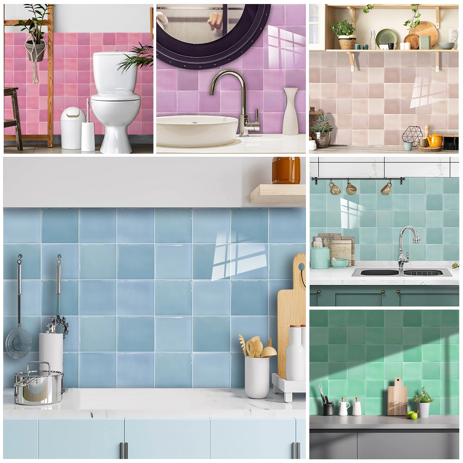 Gradient Macaron Ins Style Peel & Stick Tiles Wall Sticker Kitchen Backsplash Oil-Proof Washbasin Easy Apply Art Wall Decals