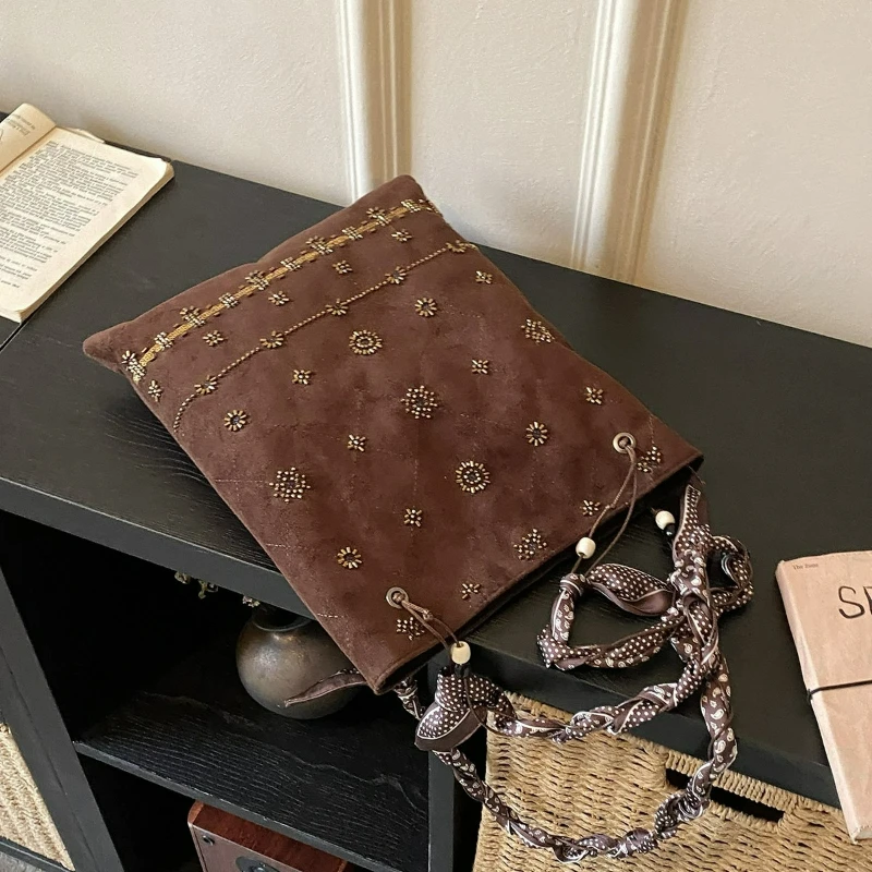 

Unique Design Suede Top Handle Bag Simple Shoulder Bag Handmade Beaded Embellishment Large Tote for Women Stylish Commuter Bag