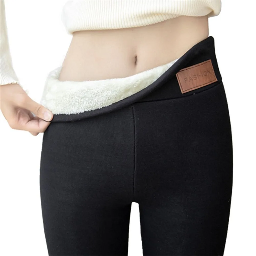 Soft Flexible Fluffy Leggings With Leather Patch High Waisted Thermal Leggings Women Girl Thick Fleece Lined Leggings