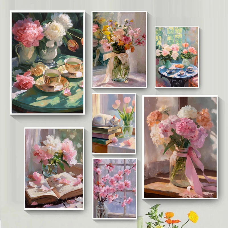 Beautiful And Gentle Vintage Floral Oil Paint Still Life Posters Canvas Prints Home Living Room Sofas Background Wall Decorat