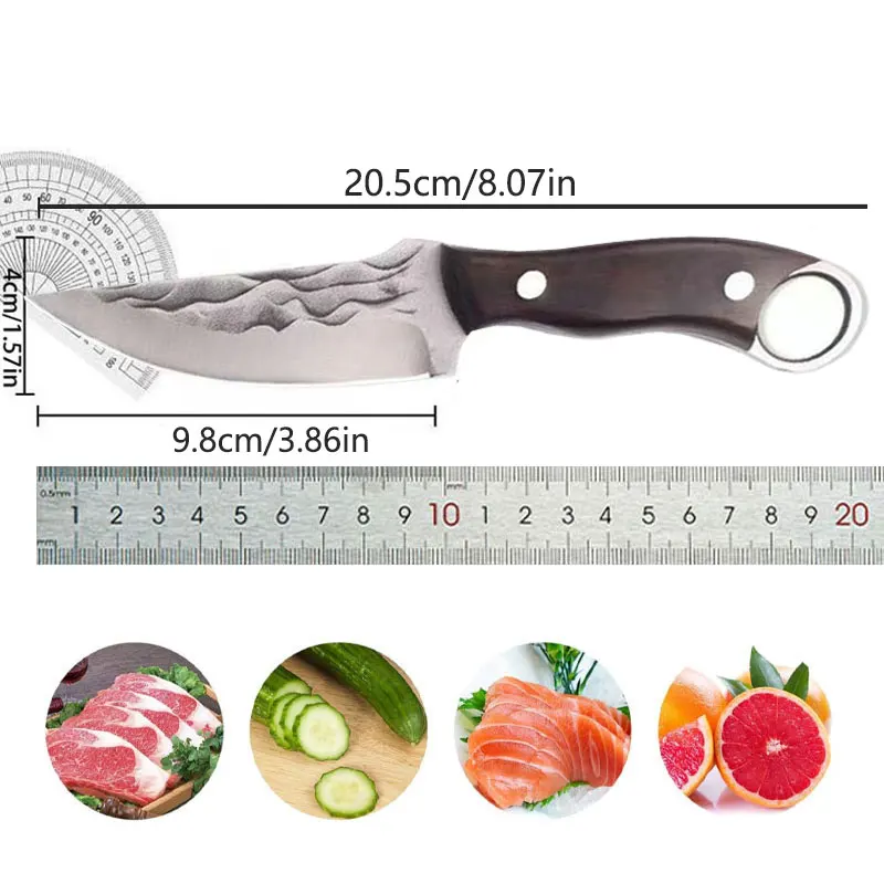 Fixed Blade Kitchen Paring Knife with Sheath, Hammered Stainless Steel Sharp Blade, Ergonomic Wood Handle for Peeling & Food Pre