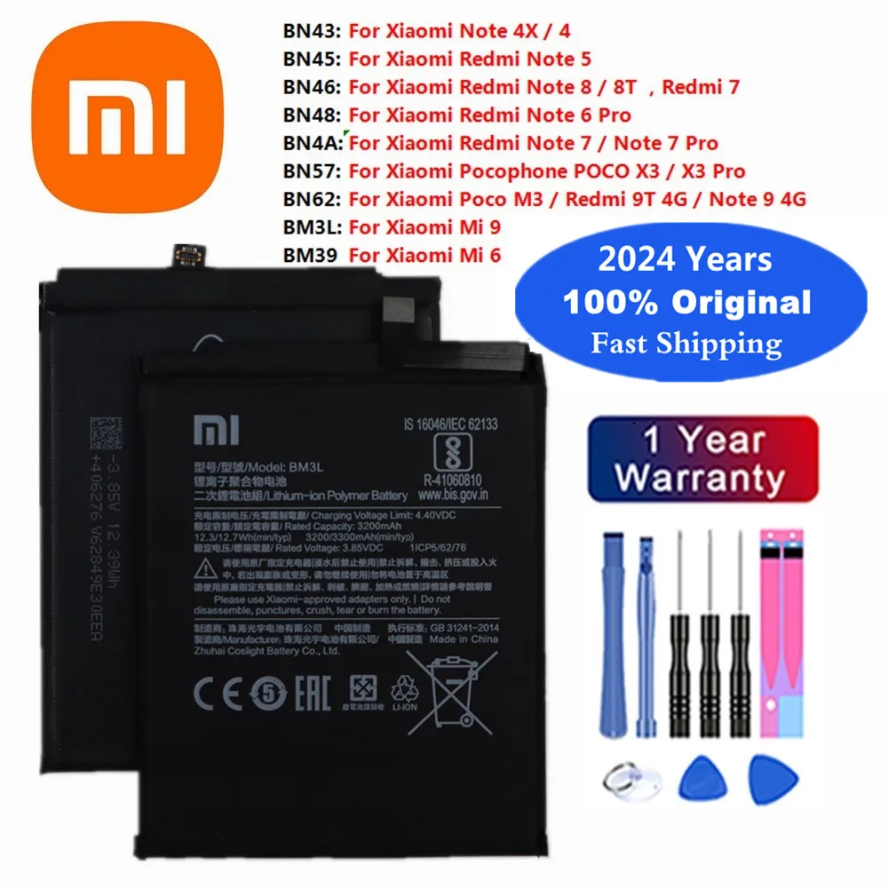 2024 Years Mi Original Battery For Xiaomi Redmi Note 4 4X 5 6 7 8 8T 9 9T Pro Mi6 Mi9 Pocophone Poco M3 X3 Pro Battery Bateria