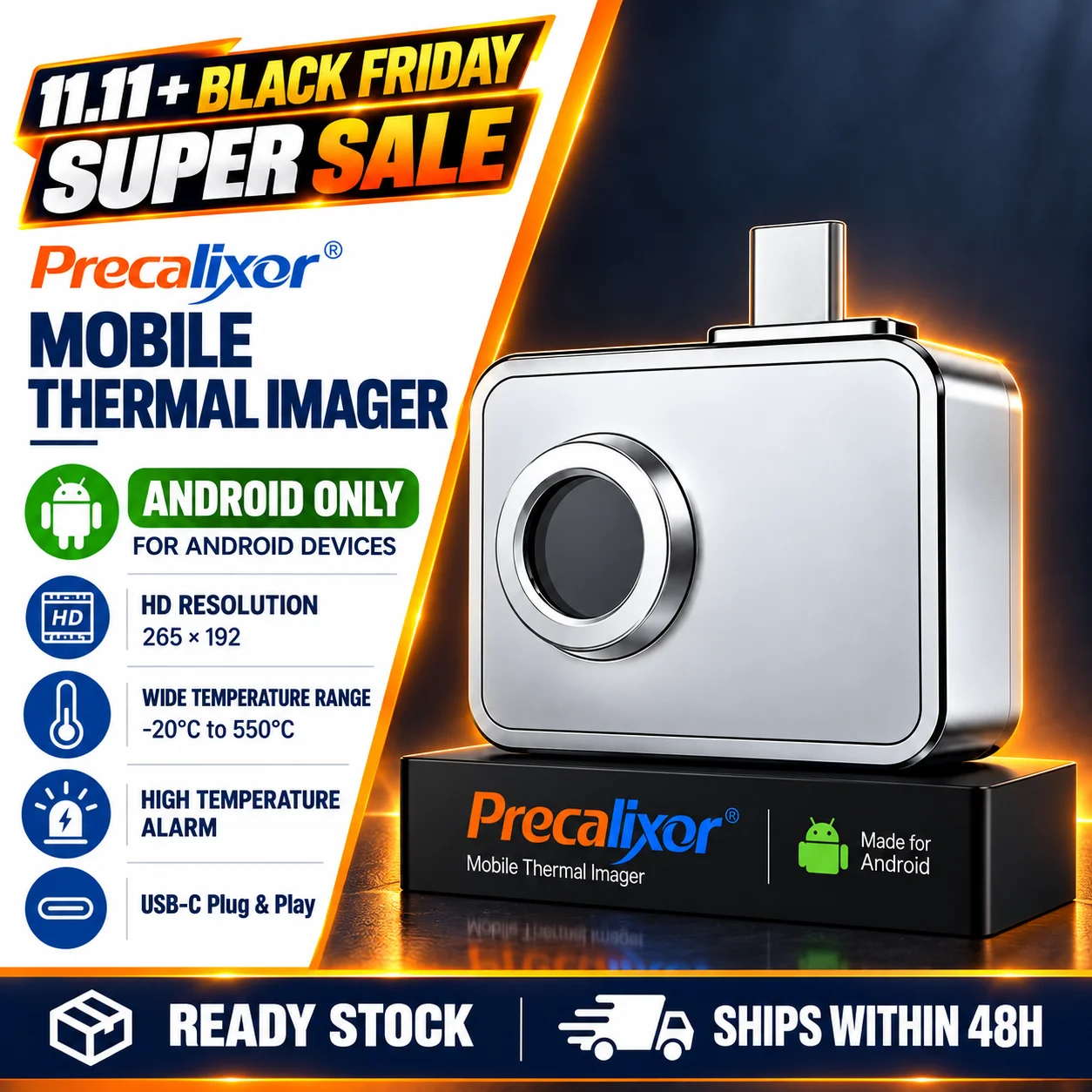 Thermal Imager 256x192 IR Resolution 3.2mm Lens 56x42 FOV -4°F~1022°F Thermal Camera for Android Phone Home Inspection
