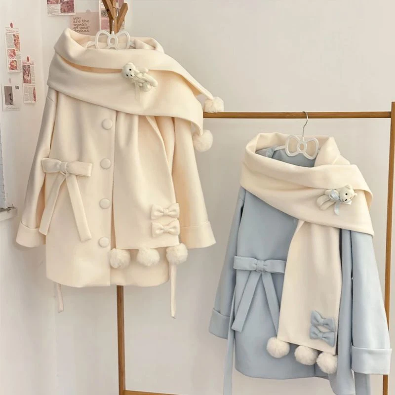Autumn Winter Japanese Preppy Style Woolen Coat Women Kawaii Bow Cartoon Bear Scarf Loose Long Jackets Sweet Y2K Lolita Outwear