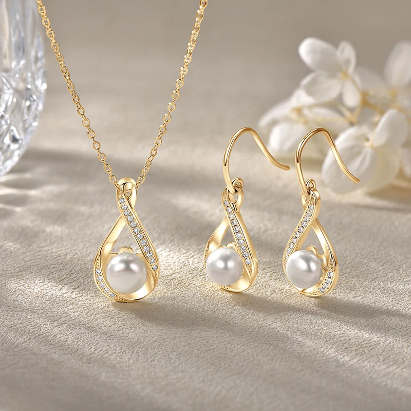 Dainty Freshwater Pearl Jewelry Set Moissanite Accented Teardrop Earrings & Necklace Minimalist Bridal Statement Set