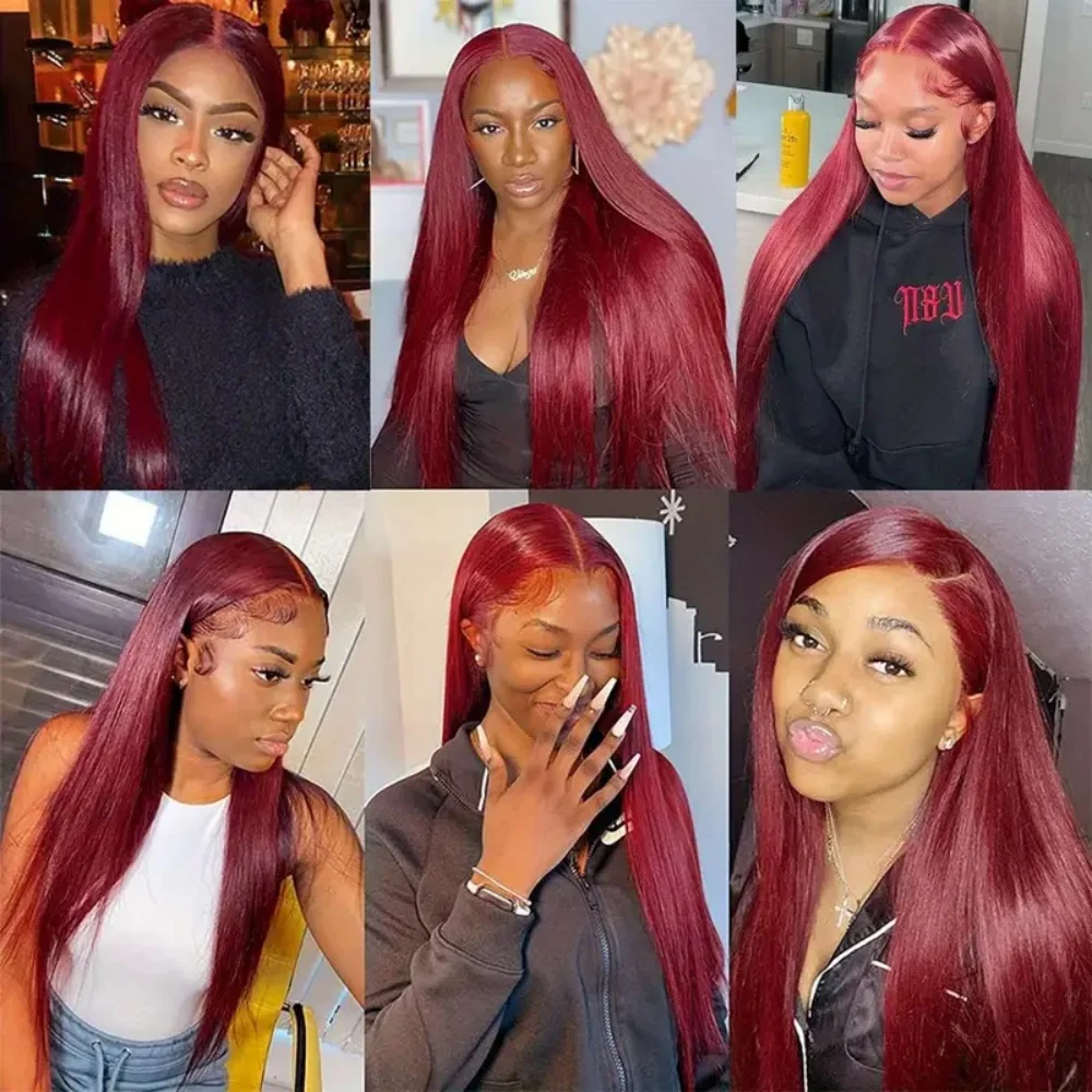 Peluca de cabello humano liso de 13x4, postizo de encaje Frontal, Color rojo vino, predesplumada, 200de densidad, Borgoña 99J