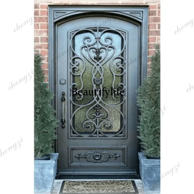 K153   Customization Cheap Price High Quality Wrought Iron Modern Double Exterior Entrance Doors Front Door