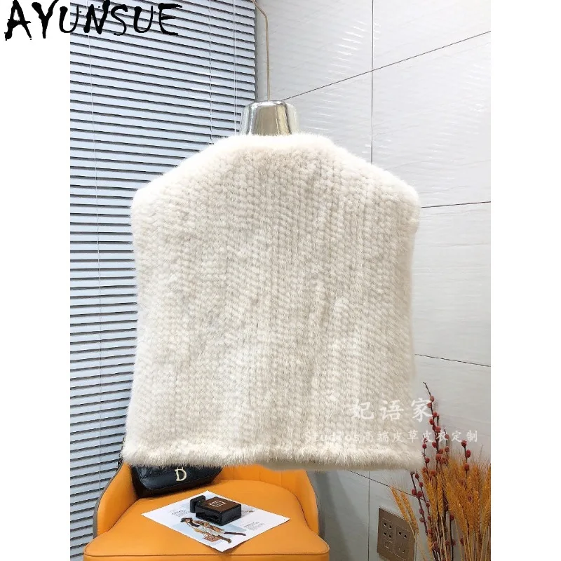 AYUNSUE Women's Whole Mink Fur Vest Short Fashion Sleeveless Fur Coat Double-sided Knitted Fur Jacket Woman Clothes Ropa Mujer