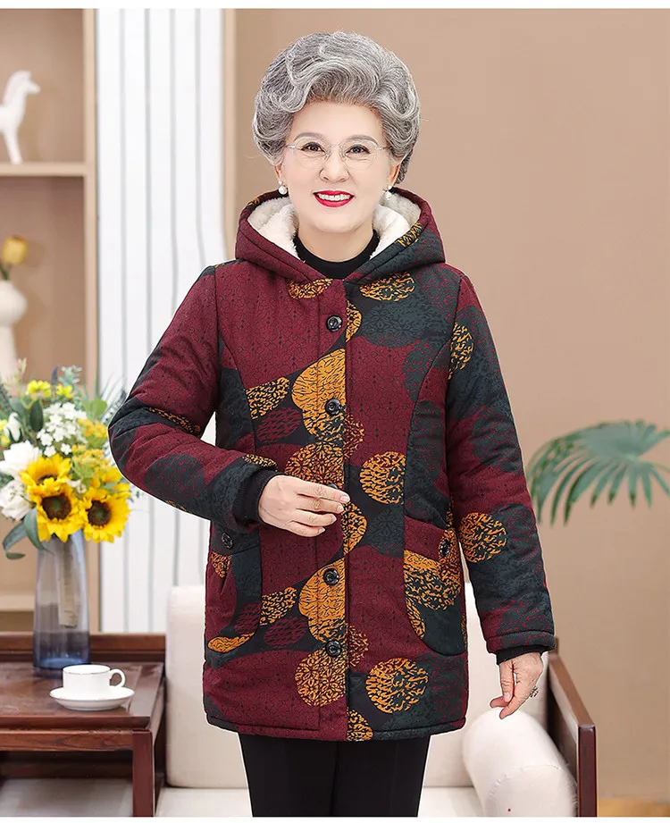 Women\'s Winter Jacket printing Grandmother Velvet Warm Parkas Thicken Middle Aged Mother Cotton Coat Manteau Femme