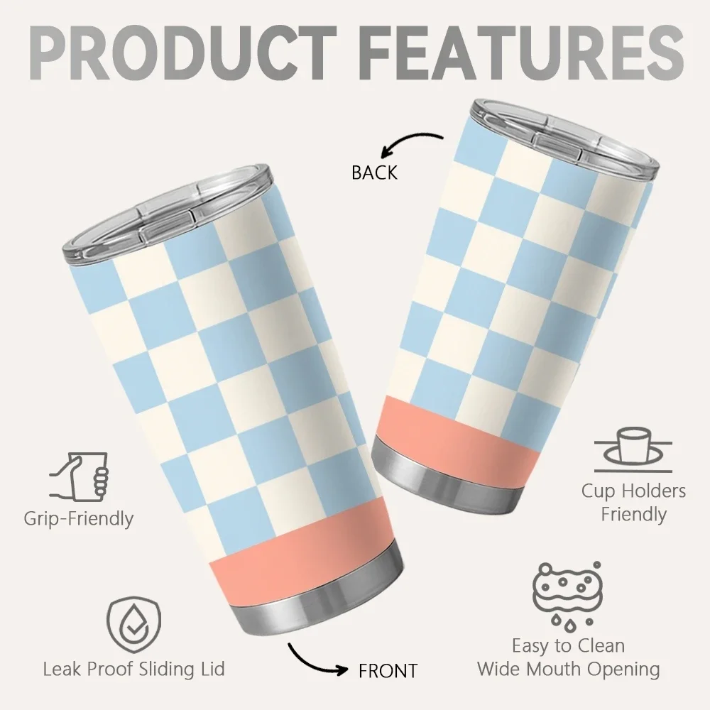 Gingham Cute Mood Vacuum Flasks 20oz Coffee Tumbler Cup With 2 Lids And Straw, Stainless Steel Vacuum Insulated Travel Mug
