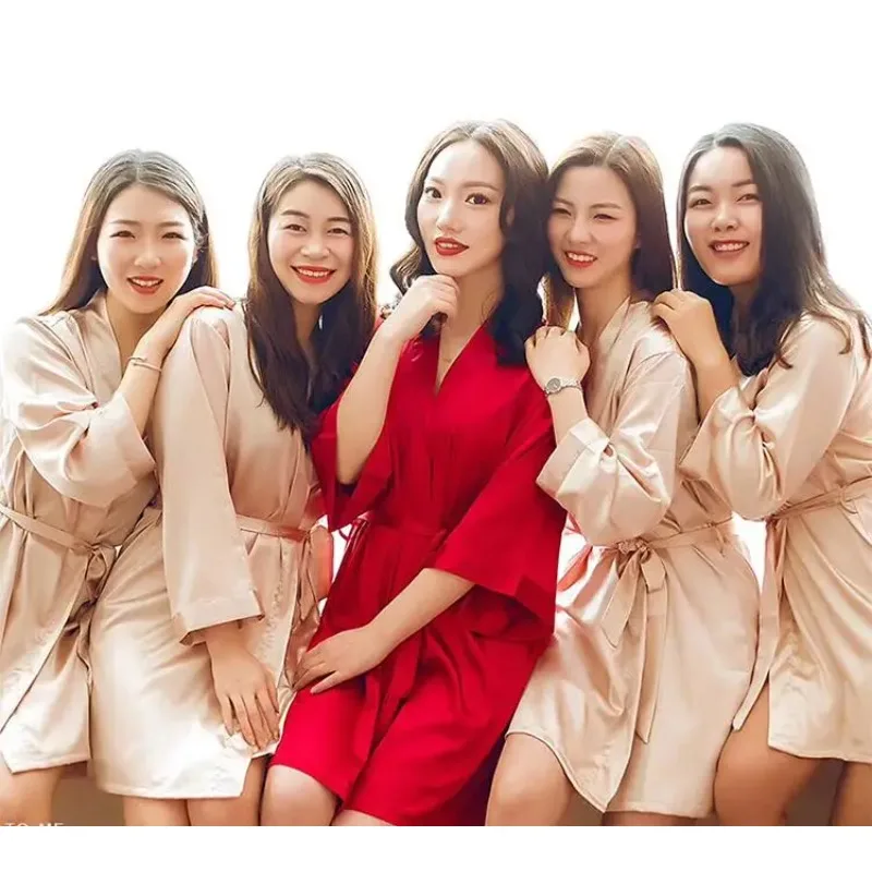 Women Nightgown Sexy Nightdress Lady Kimono Bathrobe Gown Negligee Summer Champagne Chinese Bride Wedding Robe Satin Sleepwear