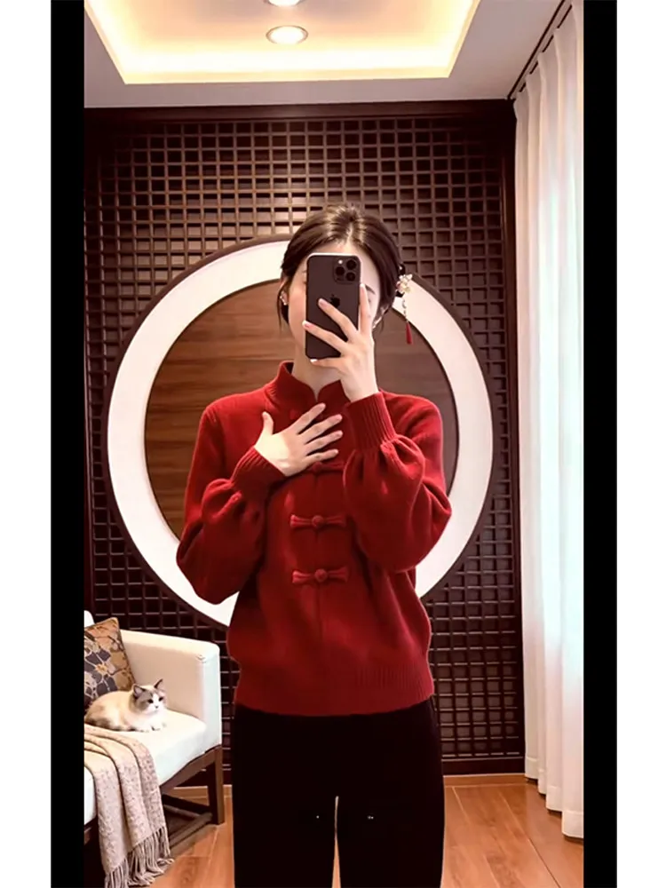 

New Chinese Sle Red Stand Collar Knitted Sweater Women's High Faion Slimming Top Casual Loose Fit Comfortable Knitwear