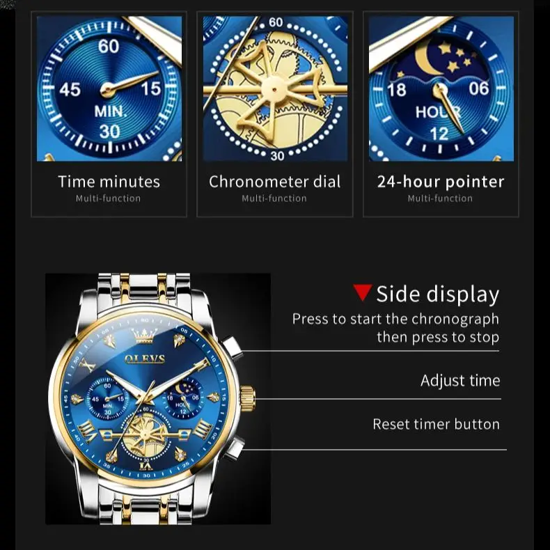 OLEVS 2856 دولاب الموازنة الهيكل العظمي ساعة رجالية فاخرة متعددة الوظائف مقاوم للماء توقيت ساعة 24 ساعة Moonphase ساعة كوارتز رجالية Reloj