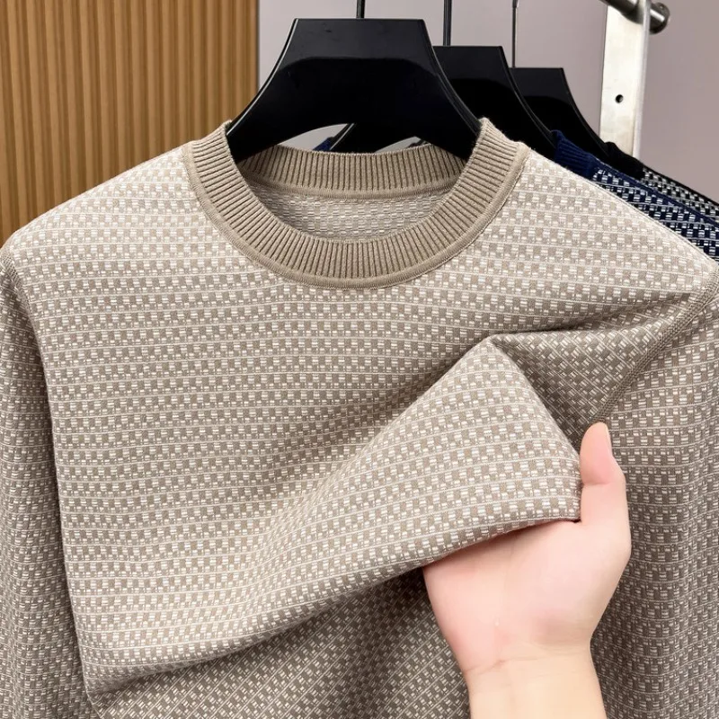 100% Cotton Textured Grid Knit Sweater – Long Sleeve Crewneck Slim Fit Pullover for Autumn Winter (3 Colors, M-4XL)