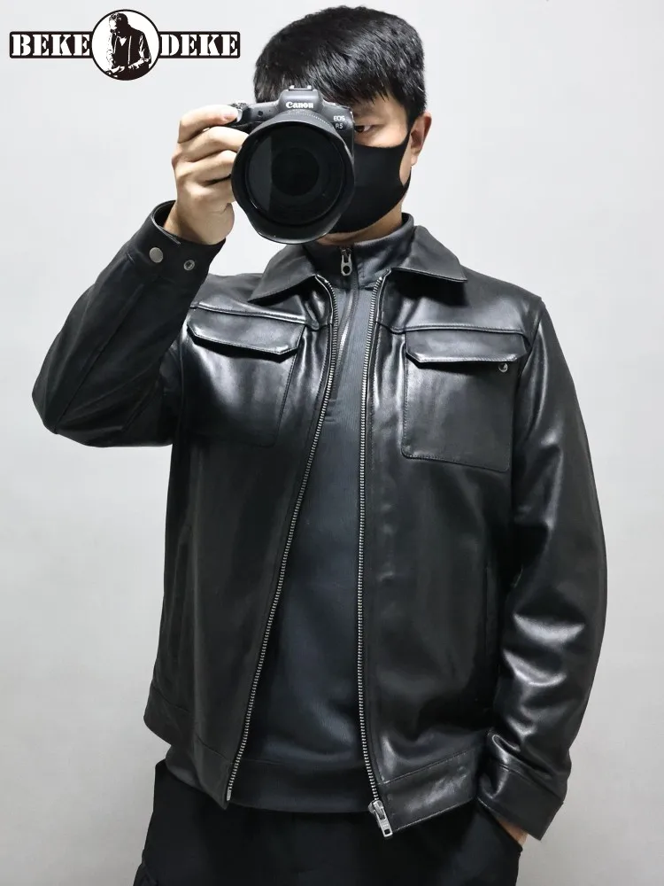 

Мужская деловая рабочая куртка из натуральной овечьей кожи на молнии, приталенная, повседневная верхняя одежда с карманами, мотоциклетная куртка из натуральной кожи для байкеров