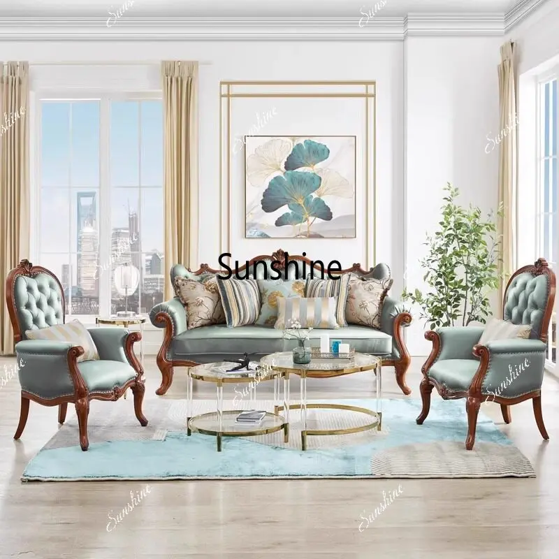 American solid wood leather sofa European luxury leisure chair