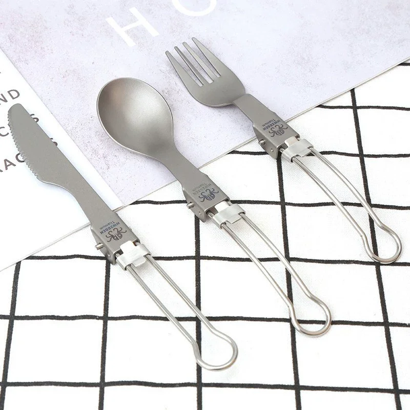 Pure Titanium พับส้อมแบบพกพาช้อนส้อมมีดชุดเดินทางพับได้กลางแจ้งชุดเดินป่า Picnic Camping อุปกรณ์