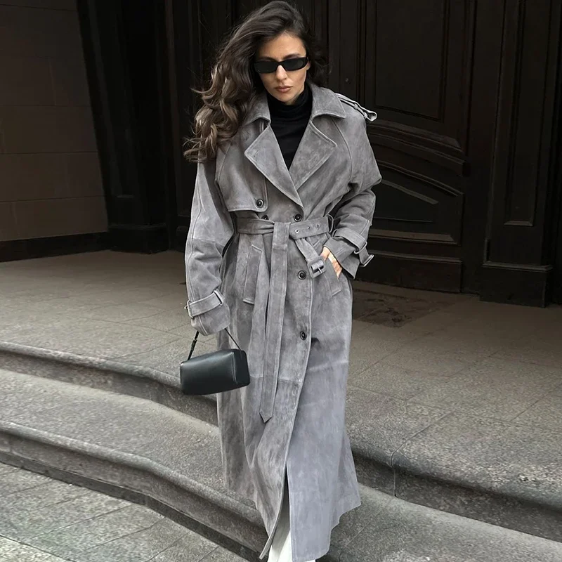 

Шикарный длинный плащ с замшевым поясом, женское двубортное пальто с лацканами и длинными рукавами, карманами, осень 202, женская теплая уличная верхняя одежда