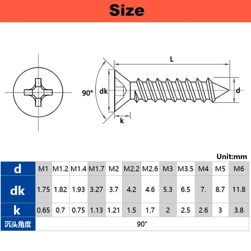 M3 M3.5 M4 M5 M6 Brass Countersunk Head Phillips Flat Self-tapping Screw Metric Thread Wood Board Screws Fiberboard Furniture