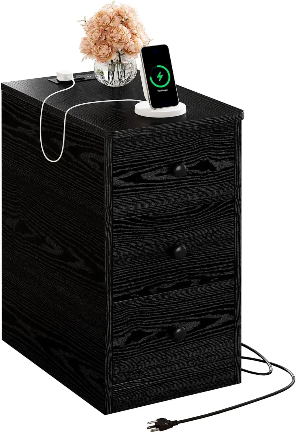 

Современная прикроватная тумбочка с зарядной станцией, 3 ящиками, USB-портами и розетками для спальни или гостиной