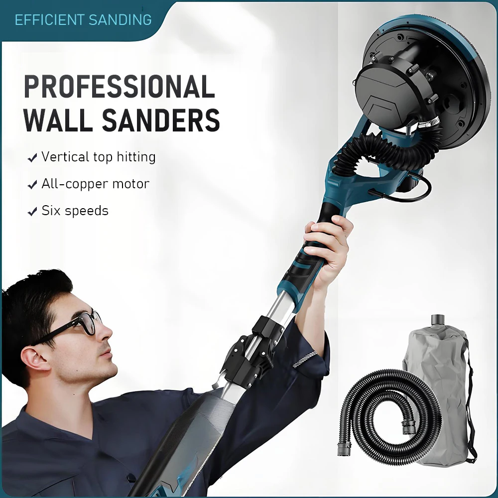 9 InchFolding Long Pole Wall Sander, Self-Dust Absorption Electric Putty Sanding Machine with Dual LED Lights for Wall Polishing
